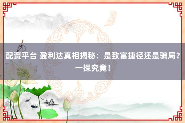配资平台 盈利达真相揭秘：是致富捷径还是骗局？一探究竟！